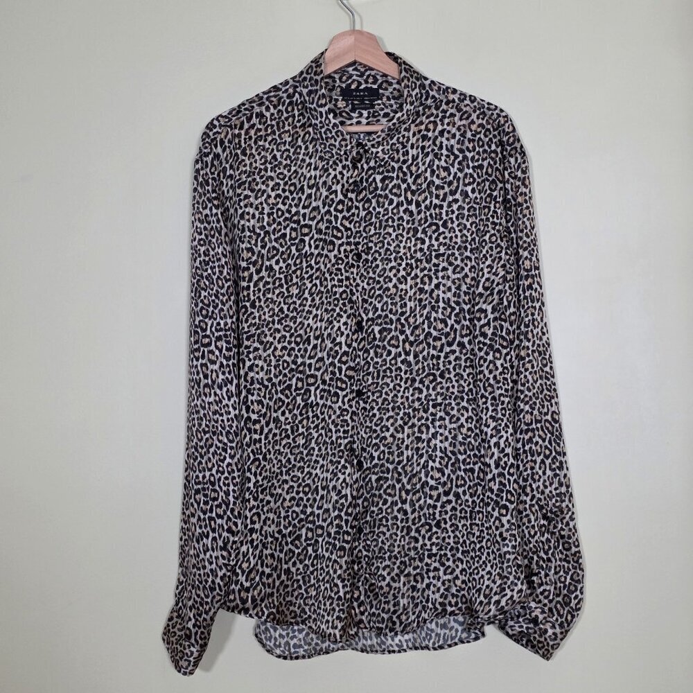 Zara Leopard Print Blouse Womens XL Multicolor LS Boho High Low Cheetah Slouchy - Picture 15 of 16